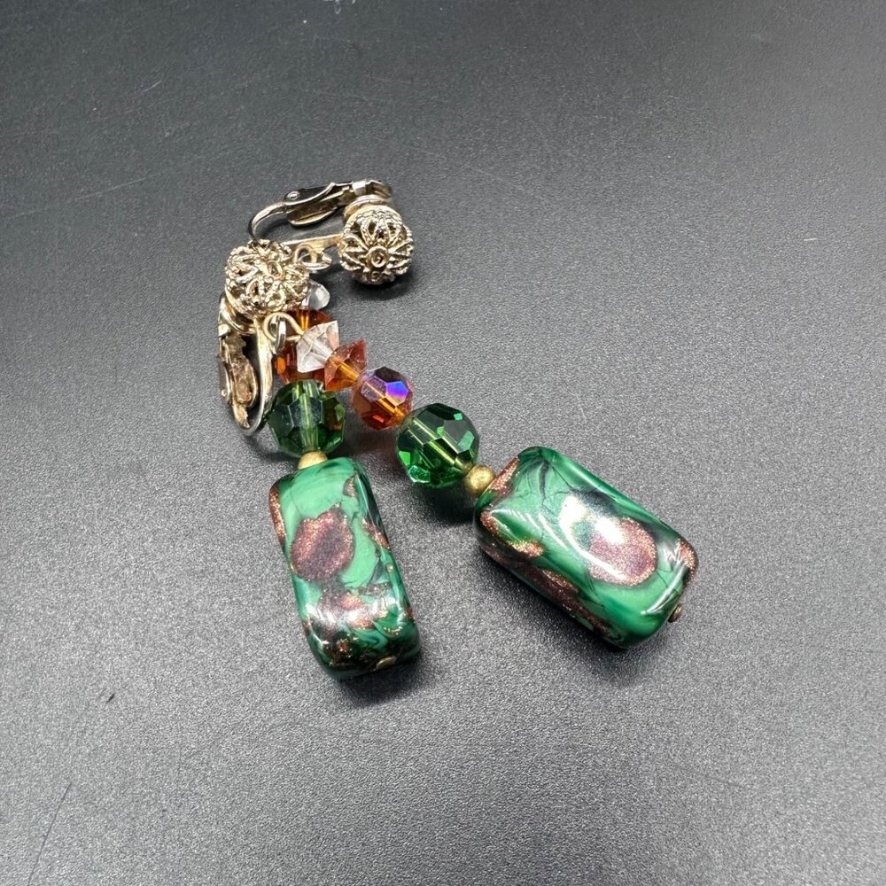 Vintage Green Copper Glass Bead Clip On Dangle Earrings Gold Tone Retro Jewelry